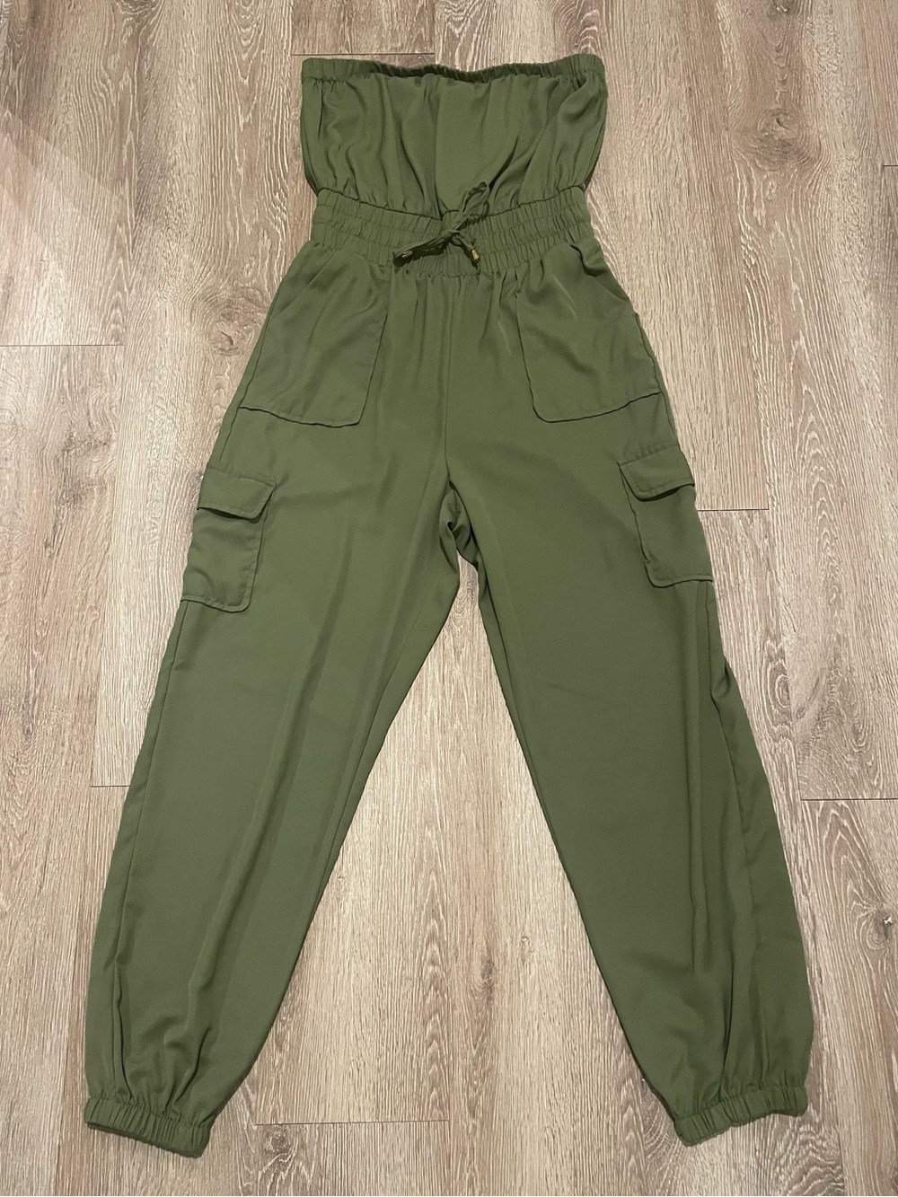 Blush Olive Green Strapless Cargo Romper Jumpsuit
